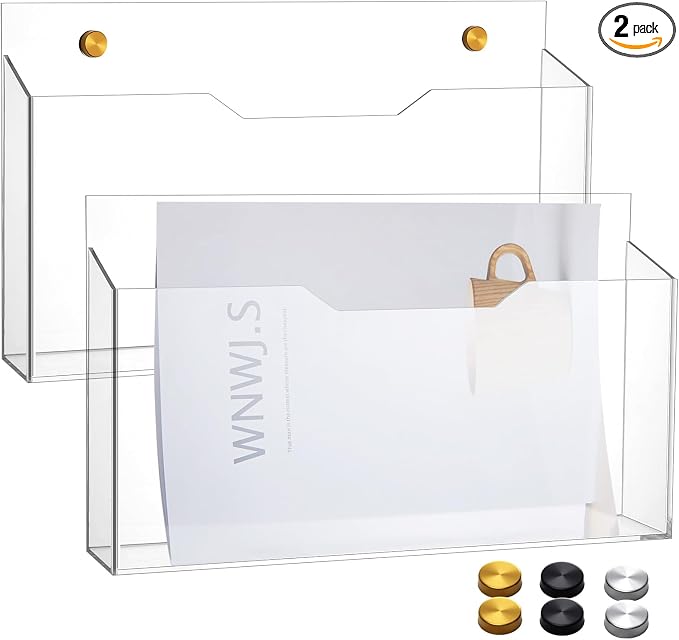 Feifeiya 2Pcs Clear Acrylic File Holder Wall Mount Mail Magazine Organizer File Holders with Screw Wall Office Document Storage Magazine Brochure(14"x8.3"x2.4",Widening Horizontal,Clear)