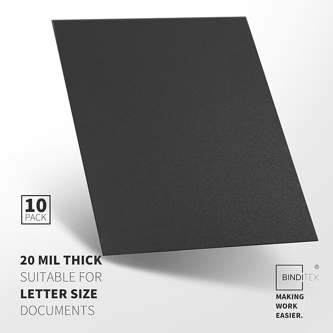 Binditek 20 Mil Sand-Textured Binding Covers, Letter Size, Black, 10 Pack | Plastic Binding Covers, 8.5" x 11", Subtle Matte Finish, Square Corners, Unpunched, Ideal for Business Reports and Proposals