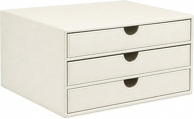 UnionBasic Document Organizer, 3-Drawer File Cabinet Document Storage Box, Office Desktop Filing Organizer, Creamy White | Document Storage Box, Office Desktop Filing Organizer, Printed Oil Faux Leather