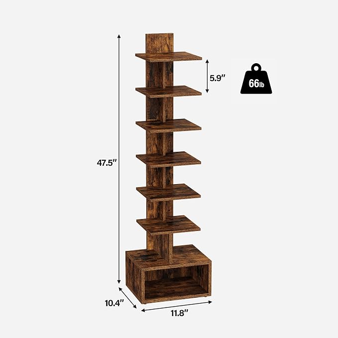 TUTOTAK Book Shelf, Narrow Spine Bookshelf, 8-Tier Bookcase for Small Space | 10.4 x 11.8 x 47.5 Inches Vertical Freestanding Corner Shelf for Living Room, Office, Study, Entryway, Brown BS07BB008