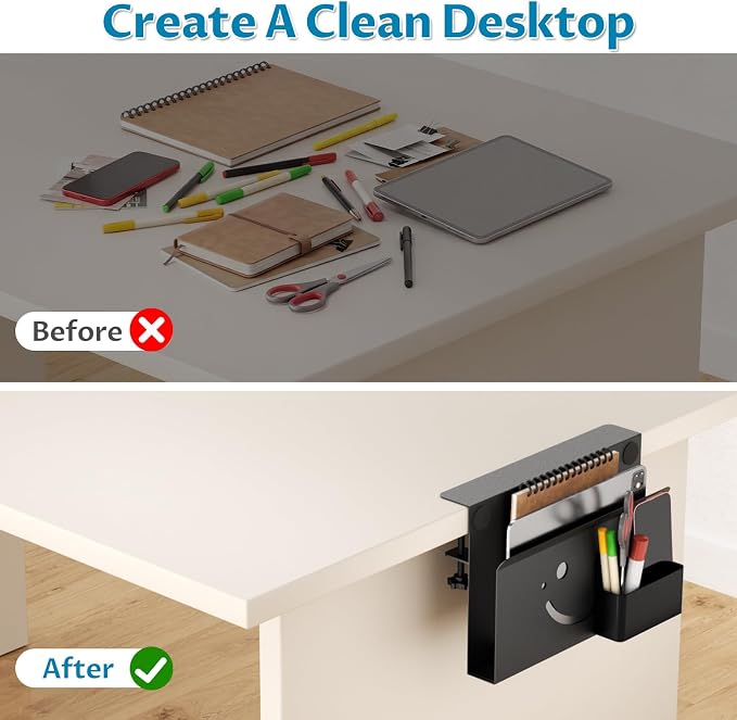 Onemake Desk Side Storage, Funny Smile No Drill Laptop Holder, Clamp on Desks Shelf with Magnetic Pen Holder, Hanging Desk Organizer for Home Office, Fits Flat Edge Tables 0.4" to 2.3"