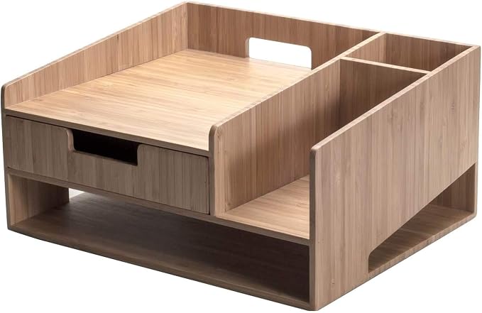 MobileVision Bamboo Telephone Stand With Drawer Paper Tray & Pencil Holder Storage Solution for office products pens scissors staplers notepads business cards & more