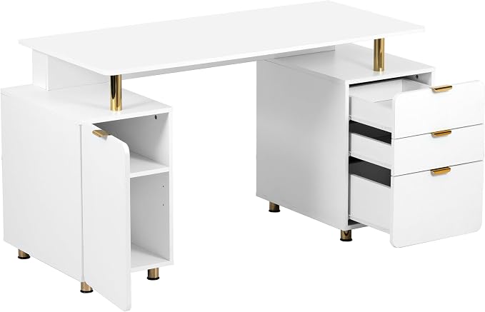 Techni Mobili 57"W Computer Desk w/ 3 Drawers & Storage Cabinet, White/Gold | Home office workstation, durable construction, everyday productivity, Ideal for home office, Workspace organization