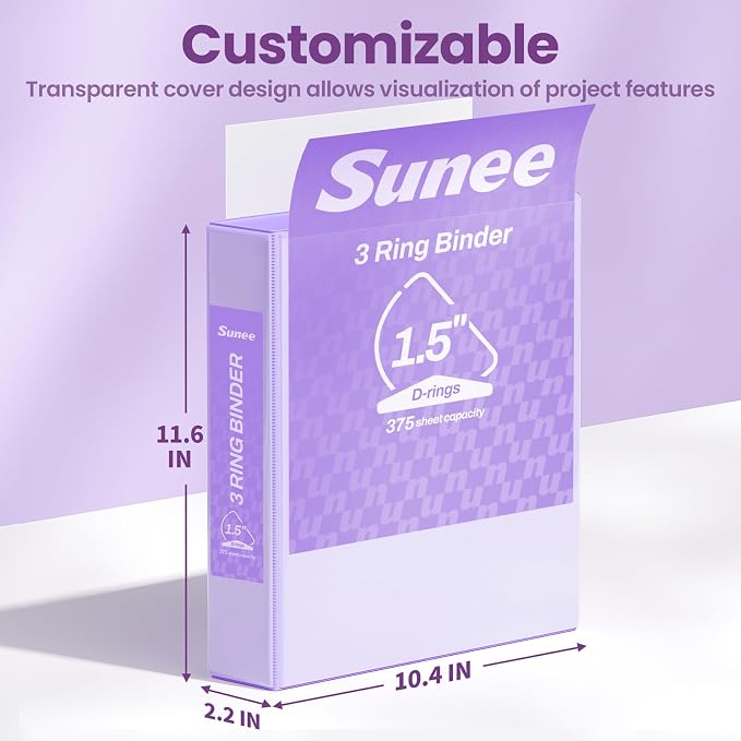 SUNEE 3 Ring Binder 1.5 Inch D Ring, Clear View Binder Three Ring PVC-Free (Fit 8.5x11 Inches) for School or Office Supplies, Light Purple, 1 Pack