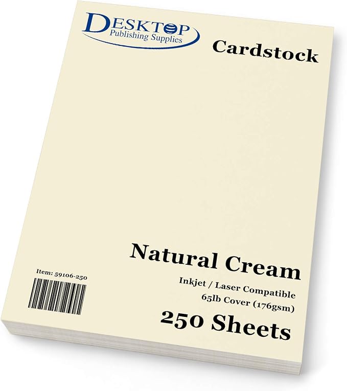 Cream Cardstock Printer Paper - 250 Sheets 8.5" x 11" - 65lb Cover (176gsm) Matte Ivory Colored Stationery Paper for Menus Resumes Programs Invitations Flyers Brochures Certificates Announcements