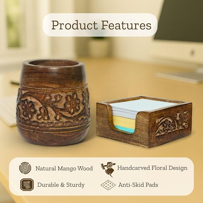 Mie Creations Set of 2 Pen, Sticky Note Holder for Office Desk Organizer | Rustic Wooden Desktop Accessories, Handmade Floral Pencil Stand & Post it Note Dispenser, Aesthetic Stationery Decor