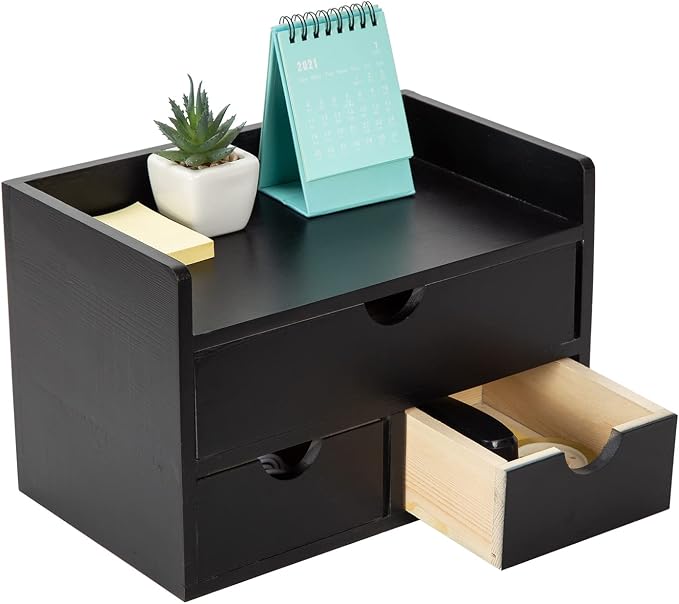 Black Bamboo Desk Organizer Wooden Storage Cabinet 3 Drawers with Shelf Tabletop Organization Box Home Office Workspace Bathroom Toiletries Supplies Caddy Vanity Makeup Stationery Holder