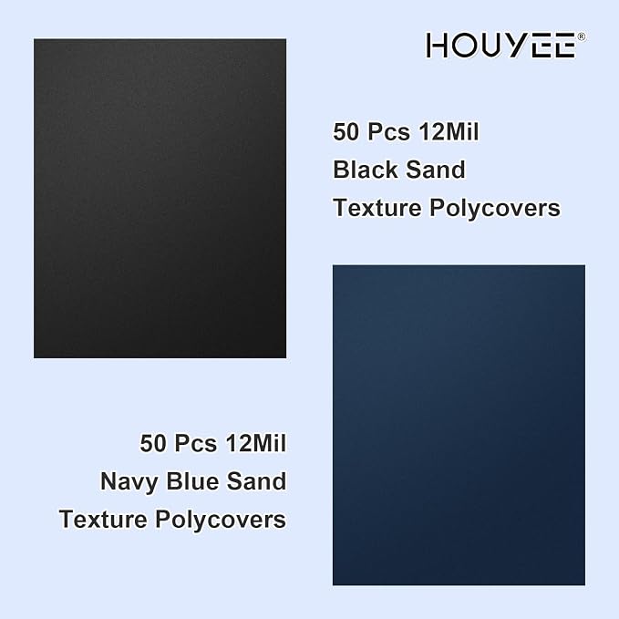 HOUYEE 100 Pack 12Mil Binding Covers Set, 8.5x11 Letter Size,Sand Textured | Including 50 Pcs Black Plastic Binding Covers, 50 Pcs Navy Blue Back Binding Polycovers, Square Corners,Un-Punched for Office