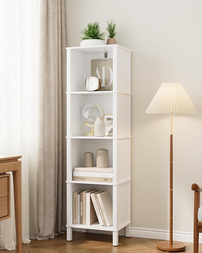 Bookshelf, Modern 4-Tier Bookcase, Open Storage Book Shelf, 11 × 14.2 × 50.4 Inches, Small Narrow Bookshelves for Living Room, Home Office, Bedroom, White
