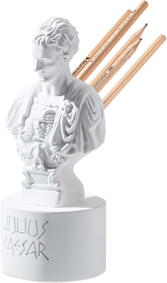 Julius Caesar Pencil Holder, 7.87" Resin Bust Statue with Back Stabbed Holes, Roman Desk Organizer