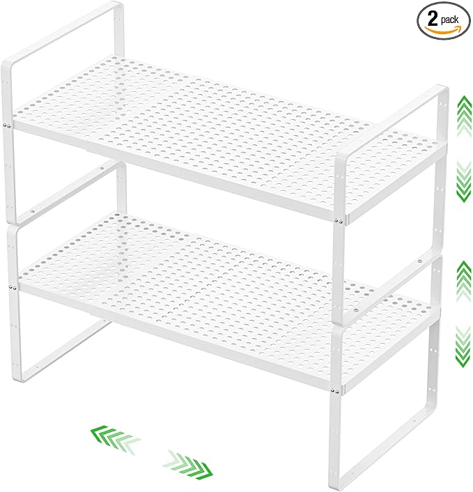 SOFRON Expandable Cabinet Storage Shelf Stackable Organizer Rack for Kitchen Bathroom Pantry Spice Cupboard Coffee Countertop Home Office Desk Heavy Duty Nonslip White Small 2 Packs