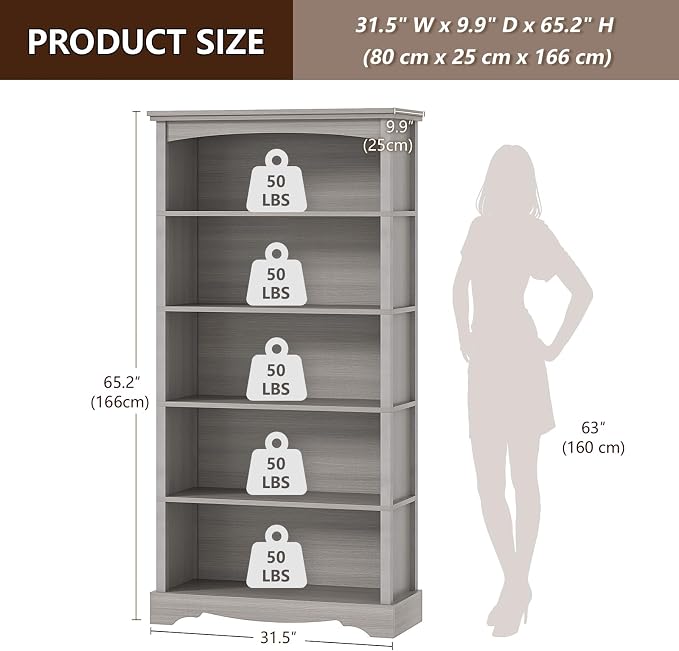 TVU 5-Tier Wooden Bookshelf, 65 Inch Tall Bookshelf with Storage, Floor Standing Modern Style Display Bookcase for Living Room, Office, Study Room, Entryway, Grey