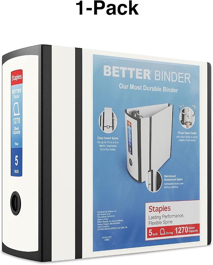 Staples Better 5-Inch D-Ring View Binder, Reinforced Spine | Extra-large capacity binder for archiving everyday office documents.