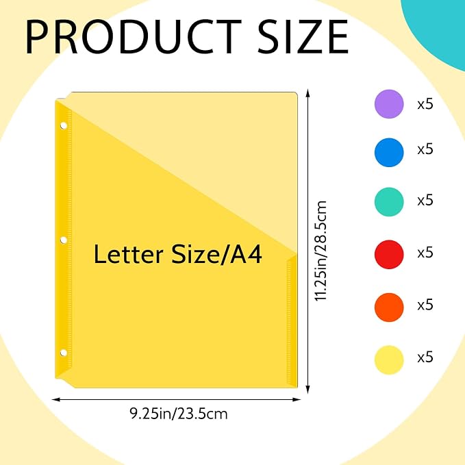 Maitys 30 Pack Binder Pockets 3 Ring, Letter Size 8.5x11,Rainbow Color | Clear Plastic Document Sleeves, Sheet Protectors with Slash Jacket, Fits Standard 3 Hole Binders, Organize Office Papers