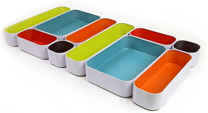 Three by Three Seattle Metal Drawer Organizer Tray Set, 10-Pc (Assorted) | Deep 2" food-safe metal bins; mix & match to customize any drawer; kitchen, bathroom, office & vanity organization