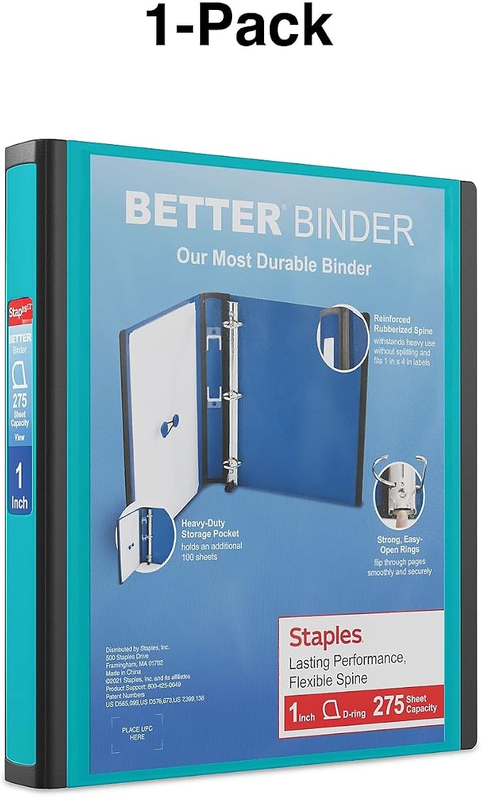 Staples Better Binder, 1-Inch D-Ring View, Teal, 275 Sheets