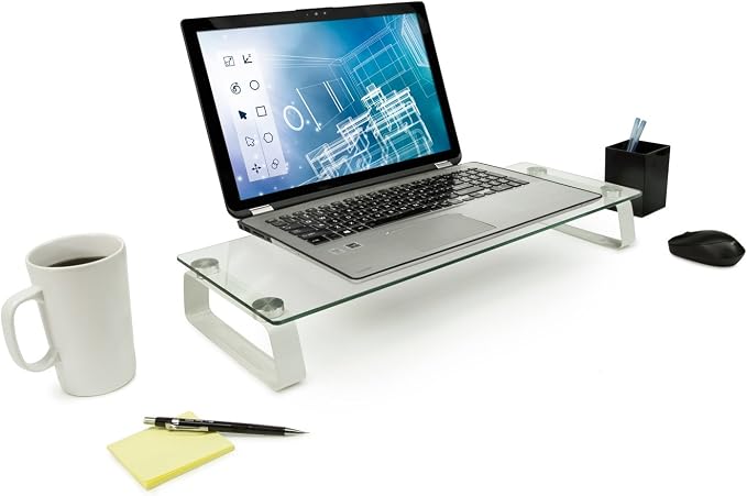 Mount-It! Glass Monitor & Laptop Riser Stand, 22", 44 lbs | Clear flat screen display stand with desktop shelf and organizer, glass and aluminum construction.