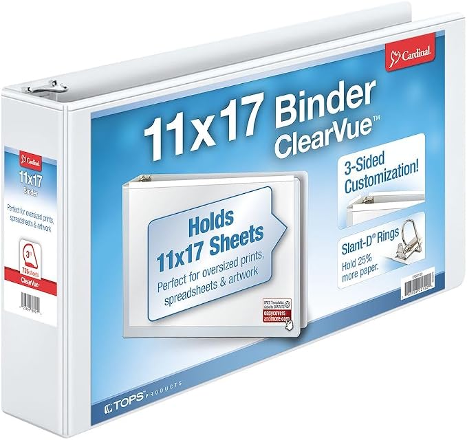 Cardinal® Slant-D® Ring 11" x 17" Tabloid ClearVue™ Binders, 3" Rings, 63% Recycled, White
