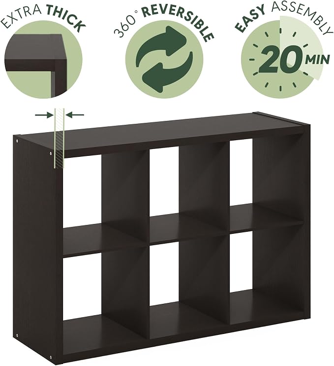 Furinno Cubicle Book Shelf, 6-Cube Bookshelf, Extra Thick Frame Horizontally & Vertically Reversible Bookcase with Open Back, 14.6 x 43.8 x 30, for Living Room, Bedroom, Home Office, Black Oak