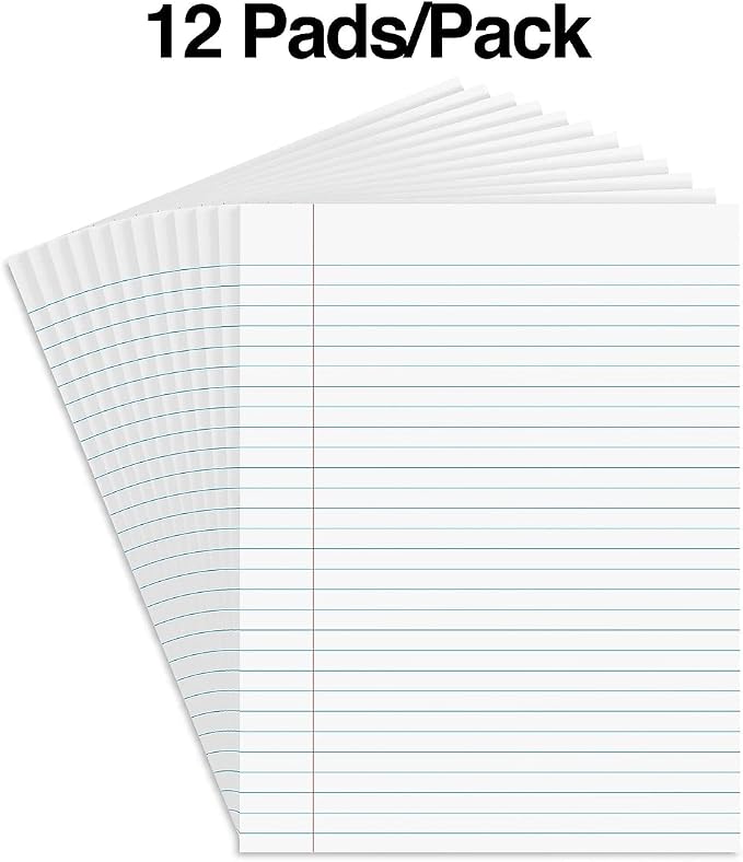 STAPLES Notepads, 8.5” x 11”, Wide Ruled, White, 50 Sheets/Pad, 12‑Pack
