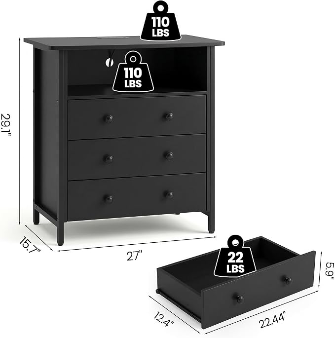 27 Inch LED Nightstand with Charging Station & 3 Drawers, Retro | RGB App Control, 2 AC Outlets & 2 USB Ports, Open Storage, Adjustable Feet, Wood Tall Nightstand for Bedroom or Office