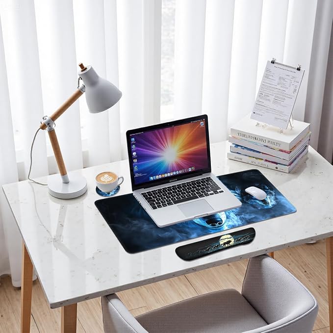 Blue Wolf Mouse Pad Set Glowing Eyes Fantasy Animal Smoke Art Gaming Mousepad 4in1 Desk Mat for Desktop Wrist Support Cup Coaster Set Ergonomic Computer Desk Arm Wrist for Decor Home Office