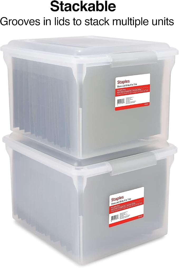 Staples Store & Slide Hanging File Box, Latch Lid, Letter/Legal, Clear | Stackable storage box keeps hanging files secure and easy to transport.