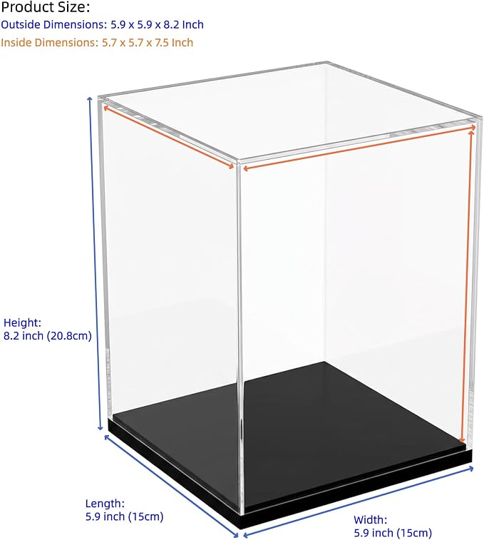 Clear Acrylic Display Case for Figures & Collectibles, Dustproof Showcase Box with Black Base, No Assembly Display for Models, Toys & Memorabilia, 5.9 x 5.9 x 8.2 Inch