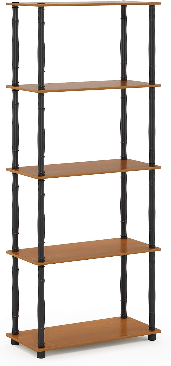 Furinno TURN-S-TUBE Storage Shelves, 5-Tier Book Shelf, Corner Shelf, Toolless Open Shelves, Classic Tubes, for Organization and Storage, Living Room, Garage, Home Office, Light Cherry