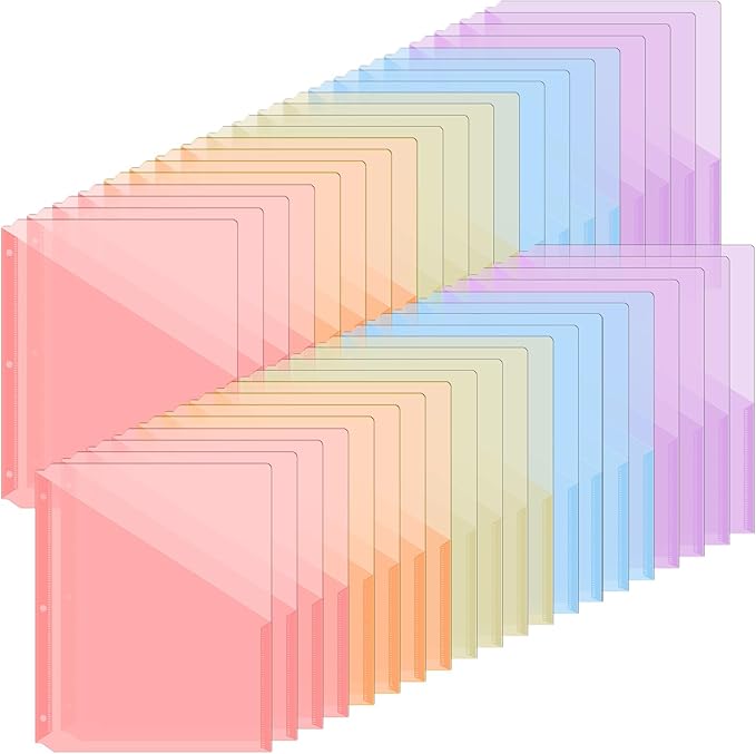 Maitys 50 Pack Binder Pockets 3 Ring, Letter Size 8.5x11,Pastel Colors | Clear Plastic Document Sleeves, Sheet Protectors with Slash Jacket, Fits Standard 3 Hole Binders, Organize Office Papers