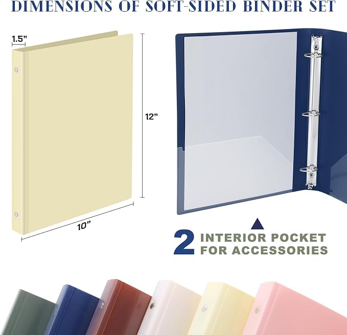 Fulmoon 6 Pack 1.5 Inch Plastic 3 Ring Binders with Pockets, Morandi Colors | Flexible Covers with Round Rings and Front Pockets for Organizing Papers at School, Office, Meetings and Presentations