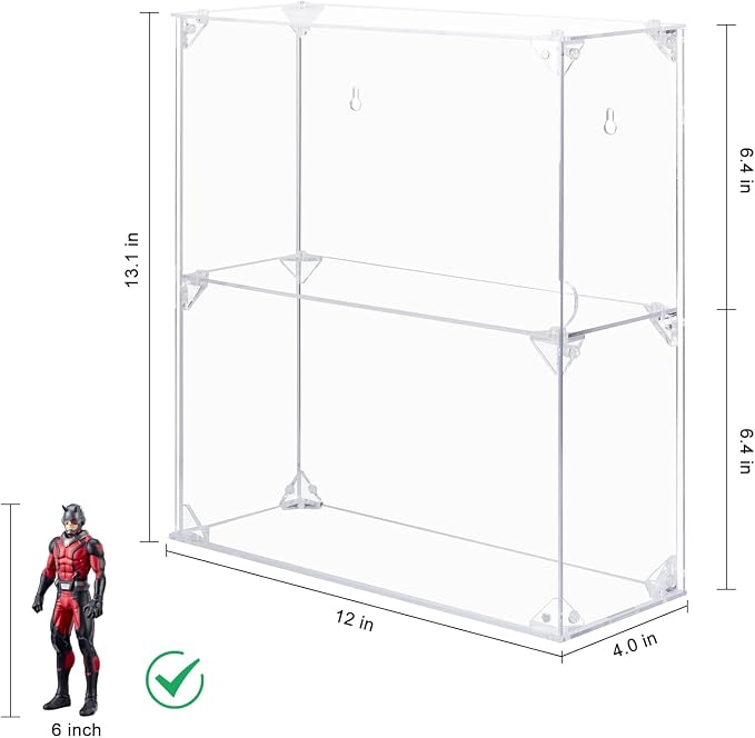 Acrylic Display Case, 2 Tier Clear Display Case for Funko Pop Figures, Wall Mounted or Desktop Dustproof Display Cabinet Box for Collectibles Action Figures Lego Models Mini Toys (12x4x13.1 inch)