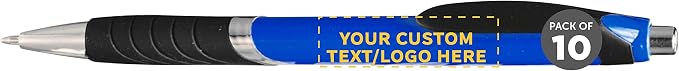DISCOUNT PROMOS Ballpoint Pens With Rubber Grip - 10 pack - Customizable Text, Logo - Black Ink Ball Point Pen with Soft Touch Plastic - Blue