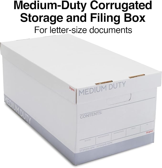 STAPLES Storage & Filing Box, Letter Size, Stackable, 12-Pack, White/Gray | Medium-duty boxes with handles and removable lid for document storage.