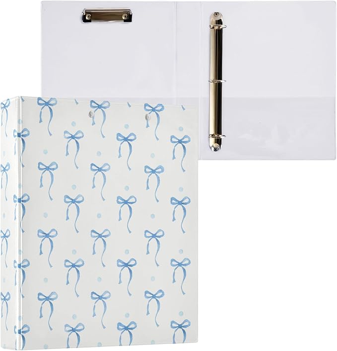Blue Bow Round Ring Binders 1.5 Inch Ribbon Bow Knot 3 Ring Clipboard Binder for Office School Work Supplies File Folder 200 Sheet Capacity