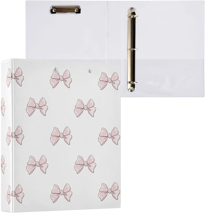 3 Ring Binder 1.5 Inch Cute Beautiful Pink Bow Clipboards Binders with Interior Pockets Round Ring Binder for Office Supplies and School