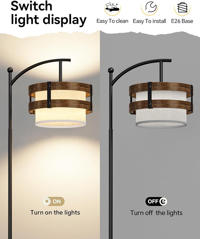 67" Industrial Floor Lamp with Wood & Black Metal Shade, Modern Standing Lamp, Rustic Farmhouse Tall Lamp for Living Room Bedroom Office, 2700K Bulb & Foot Switch Included (Black+ Wood -FL-2529)