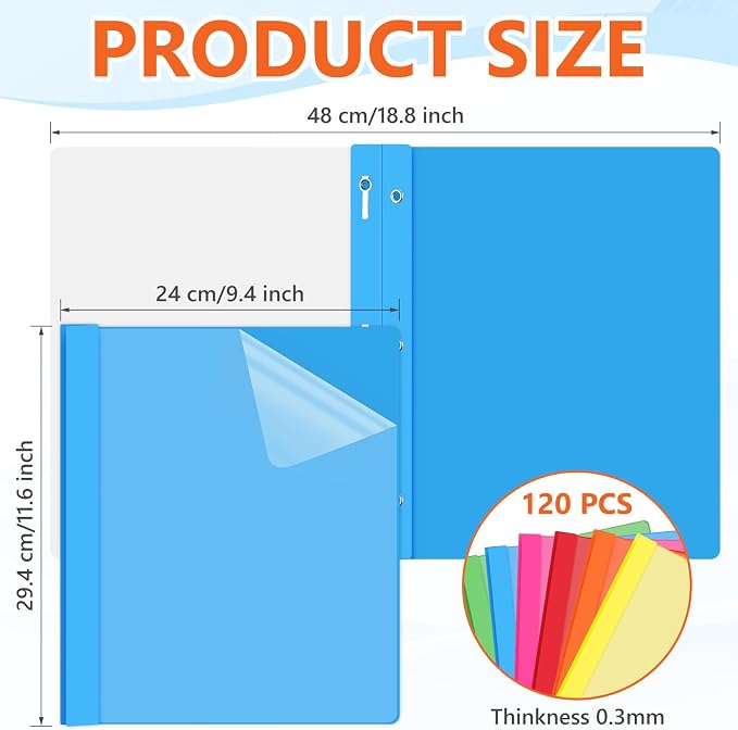 Feifeiya 120 Pack Plastic Report Covers with 3 Prongs Presentation Folders Bulk, 100 Sheet Capacity, Clear Front Report Covers for Presentation Document Paper School Office Supplies (Multicolor)