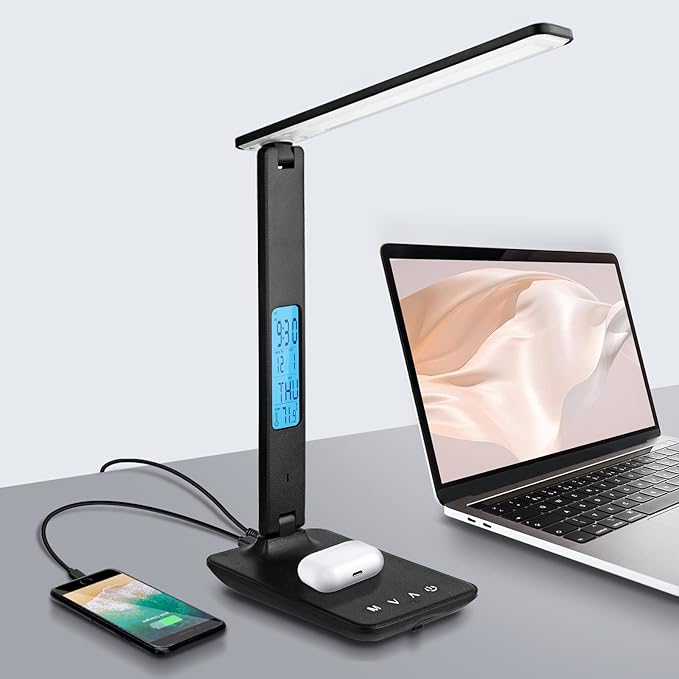 Desk Lamp with Wireless Charger: USB Charging Port, Table Lamp with Clock, Desk Lamps for Home Office College Dorm Room Essentials