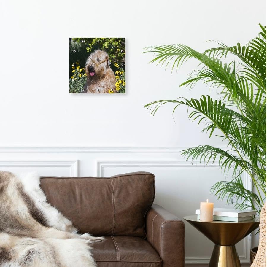 3dRose Wall Clock Silent - 13 inch - Wheaten Terrier Sitting in Yellow Flowers, PR - Animals