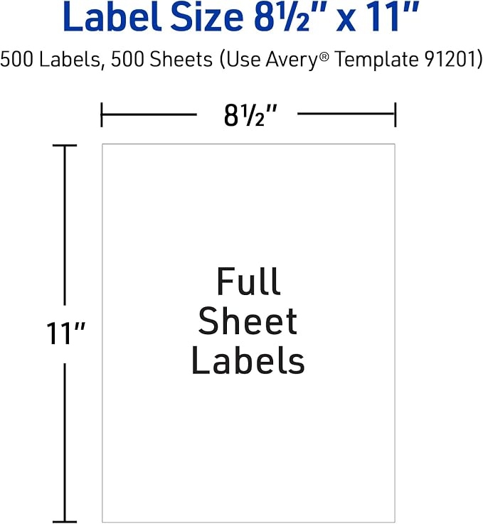 Avery Full-Sheet Printable Shipping Labels, 8.5" x 11" Customizable Stickers, White, 500 Blank Mailing Labels for Laser Printers, Great for Mailing, Shipping, Organizing, and More (91201)