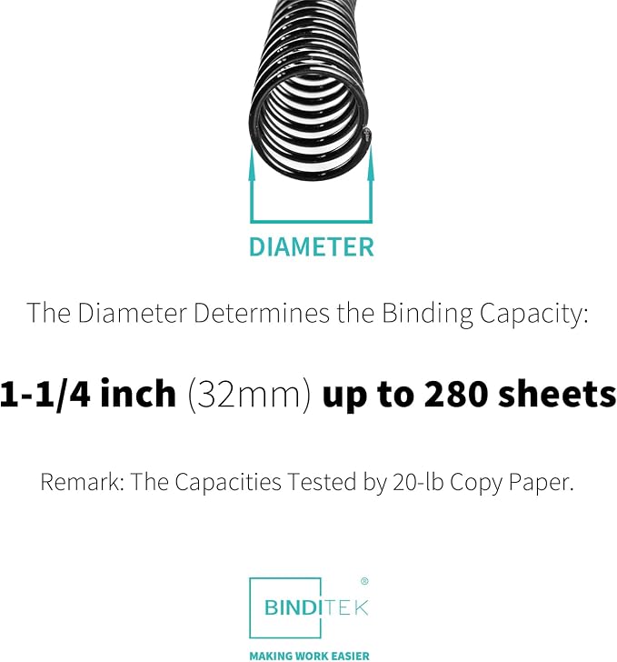 Binditek Plastic Spiral Binding Coils, 32 mm, 4:1 Pitch, Black, 50 Pack | Coil Binding Spines, 1-1/4", 280 Sheet Capacity, 48 Loops, for Letter-Size Reports, Presentations, School and Office Projects