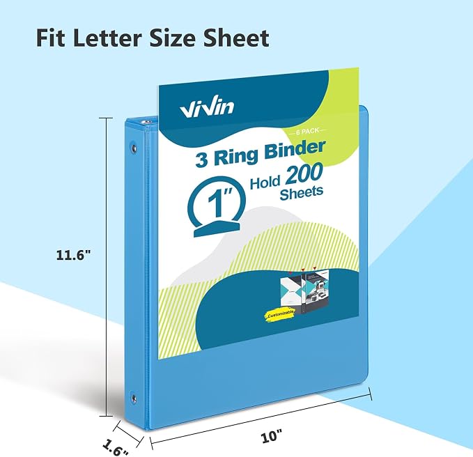 ViVin 1 Inch Round Ring View Binder for Durability, 6-Pack (Light Blue) | Standard 3 Ring Binder for 200 Sheets of US Letter Size Paper, PVC-Free, Clear View Cover, Office Home School Use