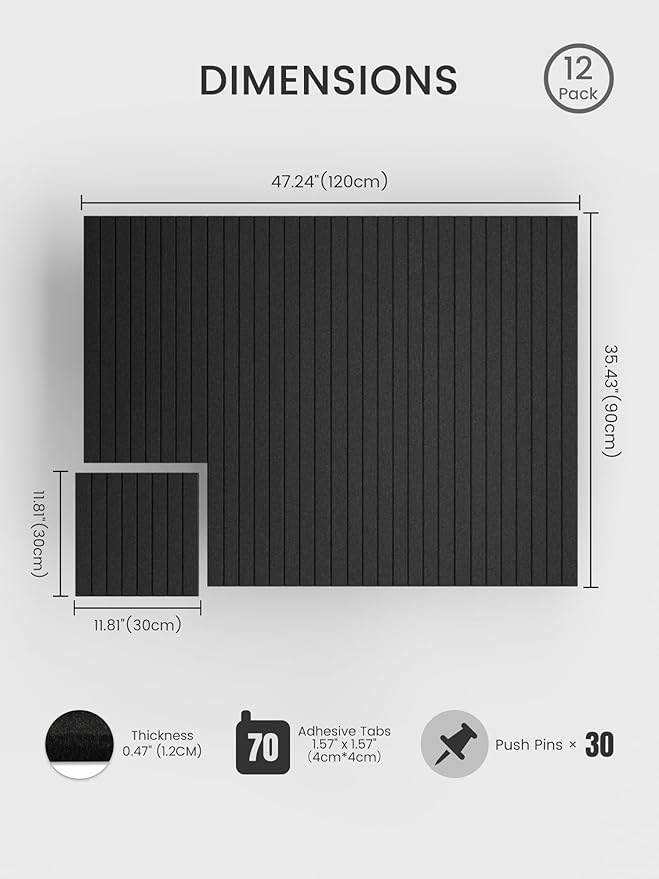 Bumusty Large Cork Board Alternative-47 x35 Felt Bulletin Board Tiles, with 30 Pushpins, 70 Adhesive Tabs, 12-Pack Slat Wall Paneling, Cork Boards for Office Push Pin Board Felt Board-Black