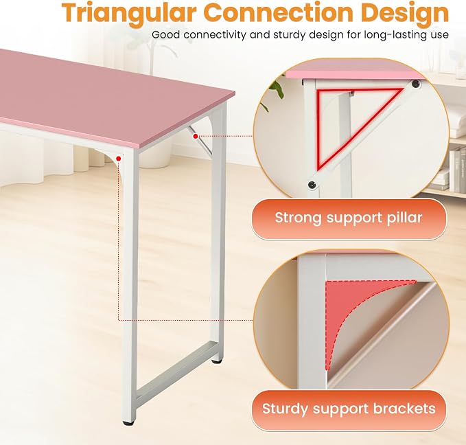 PayLessHere | 39 Inch Computer Desk | Pink | Office Desk with Metal Frame, Adjustable Feet | Water-Resistant, Scratchproof Surface | Sturdy Writing Table for Home Office or Study | Pack of 1