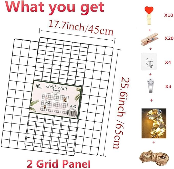 2 Pack Large Wall Grid Panels with Light and Clips, Photo Display Board, Picture Frame Collage Board, Wire Grid Wall Panel Room Decoration,Black | Picture Frames Collage , Wire Grid Wall Panel Room Decoration