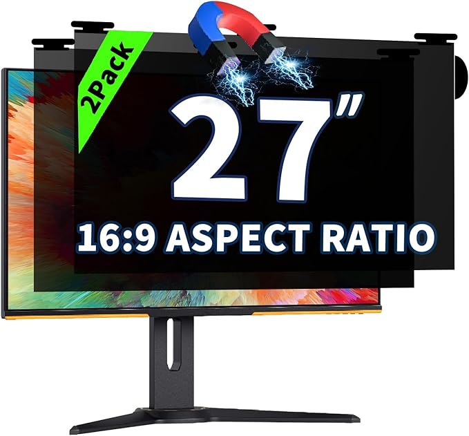 2 Pack Magnetic Hanging Computer Privacy Screen 27 Inch for 16:9 Widescreen Monitor, Removable Privacy Screen Anti Glare Blue Light Computer Screen Privacy Shield, Anti-Scratch 27 in Protector Film