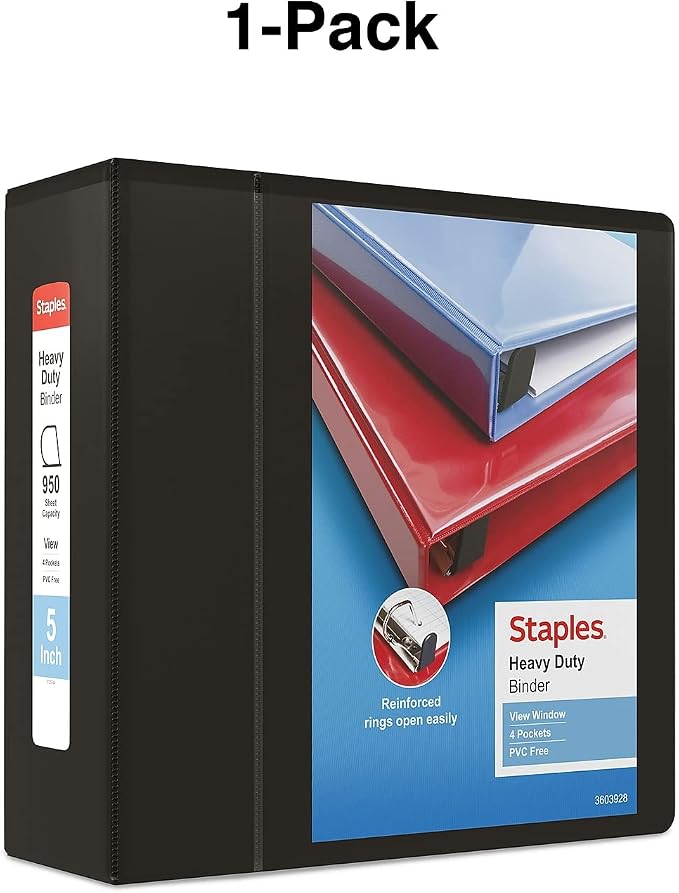 Staples Heavy-Duty 5-Inch D-Ring View Binder, Black – Maximum Capacity 3-Ring Binder for Archiving & Storage