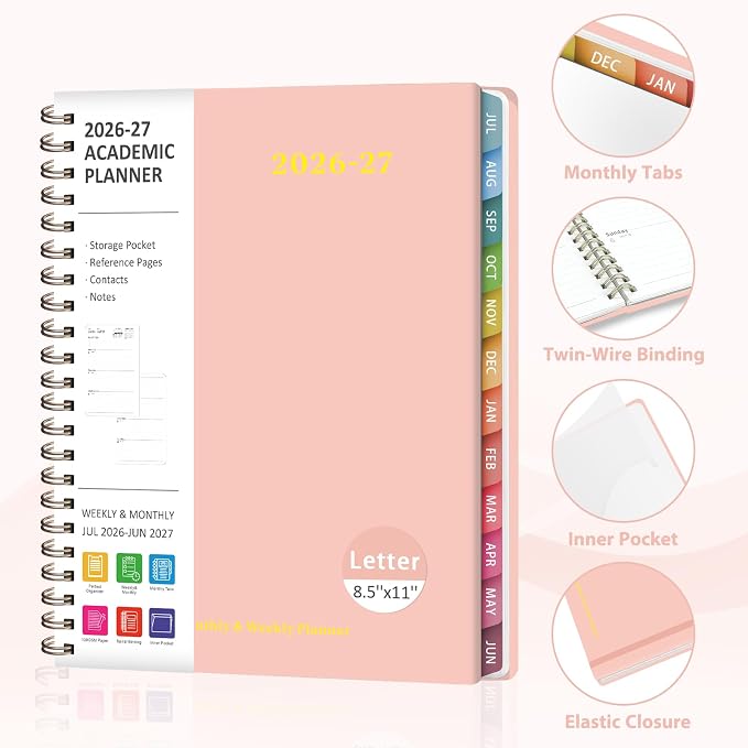 Planner 2026-2027, Weekly and Monthly Academic Year Calendar Planner, July 2026 - June 2027, Daily Agenda Book for Office School Supplies, Letter Size(8.5'' x 11'')