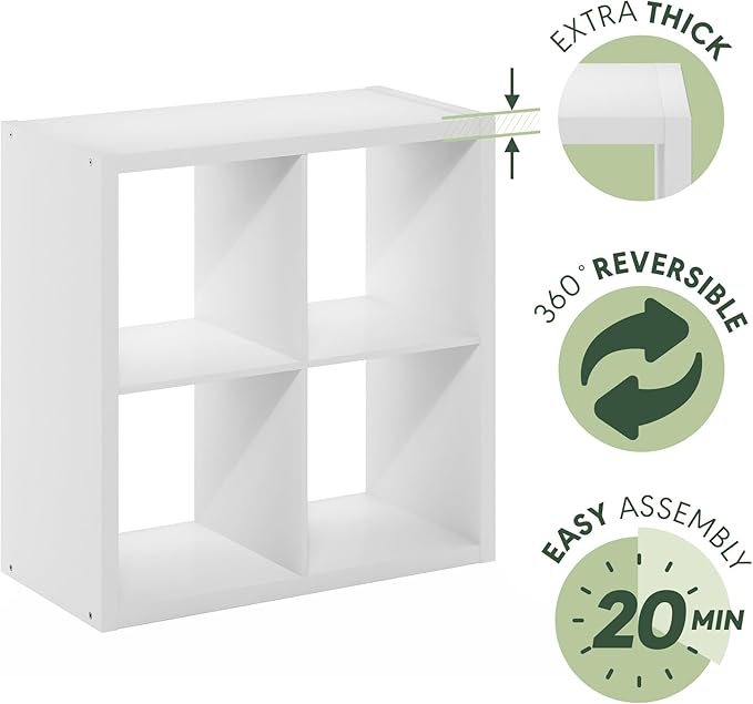 Furinno Cubicle Book Shelf, 4-Cube Bookshelf, Extra Thick Frame Reversible Bookcase with Open Back, 14.6 x 30 x 30, for Living Room, Bedroom, Home Office, Plain White